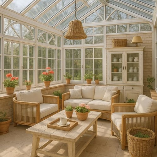 Heller Wintergarten mit Polyrattansofa, Holztisch und vielen Blumentöpfen im Landhausstil