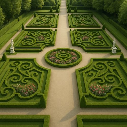 Symmetrischer Französischer Garten mit kunstvoll geschnittenen Hecken