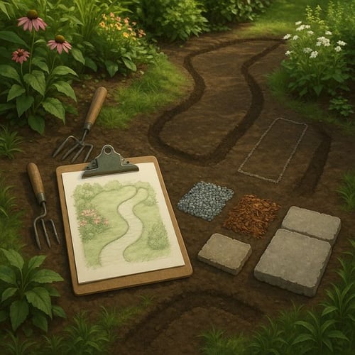 Planung und Materialien für geschwungenen Gartenweg mit Skizze, Kies, Rindenmulch und Pflastersteinen