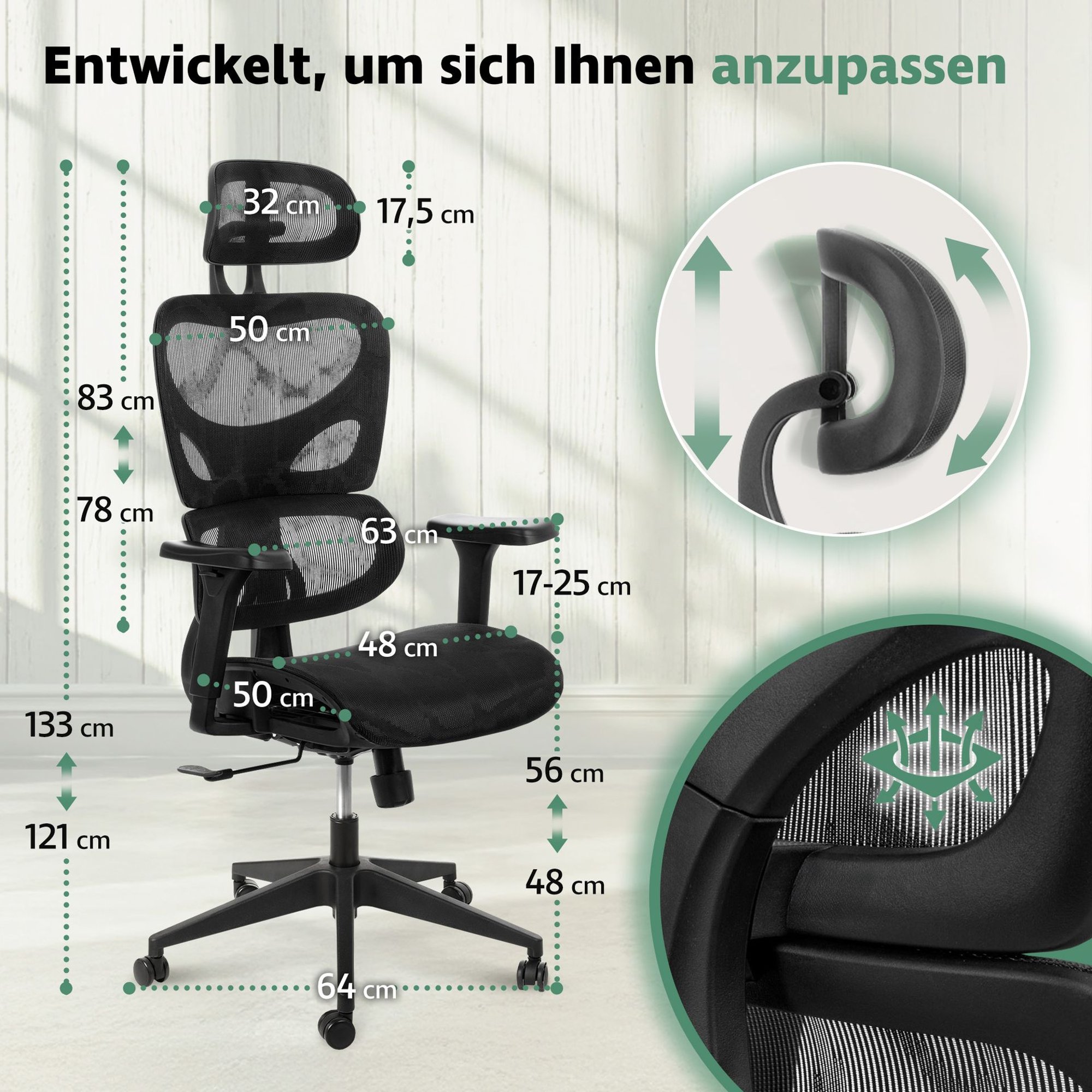 Hohe Rückenlehne mit großer 2D-Kopfstütze