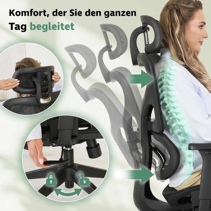Integrierte Lordosenstütze und Wippfunktion mit Arretierung