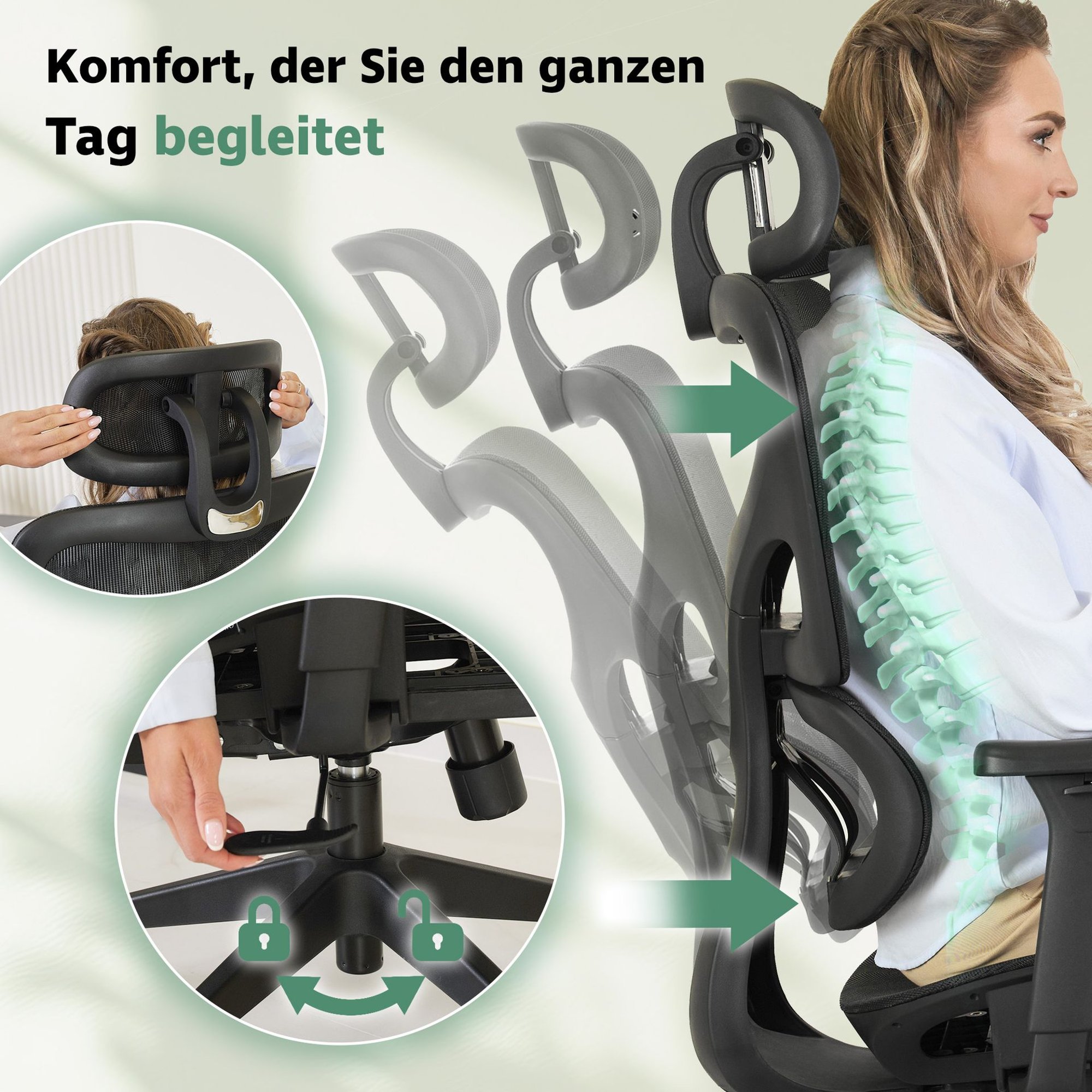 Integrierte Lordosenstütze und Wippfunktion mit Arretierung