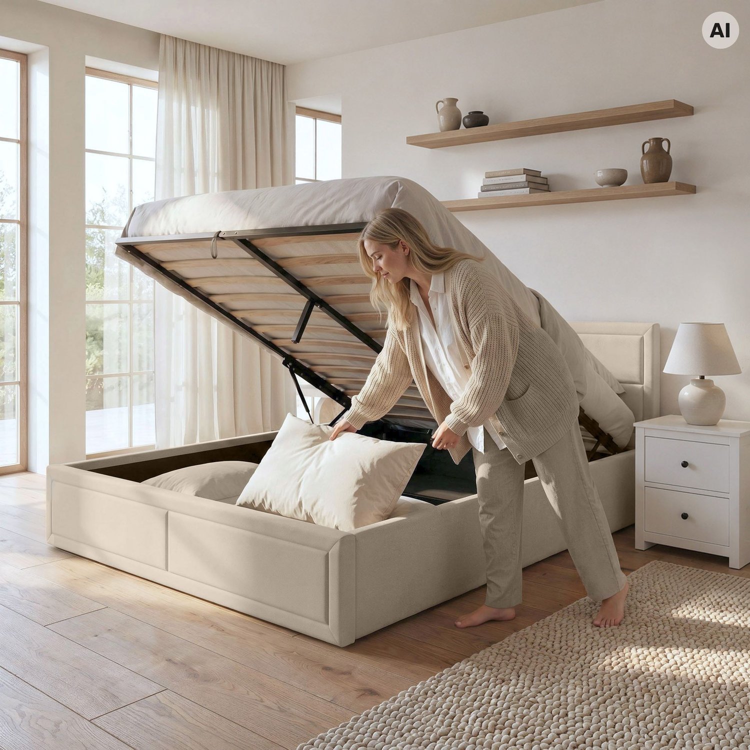 Polsterbett mit Bettkasten Marco 160 × 200 cm - hellbeige