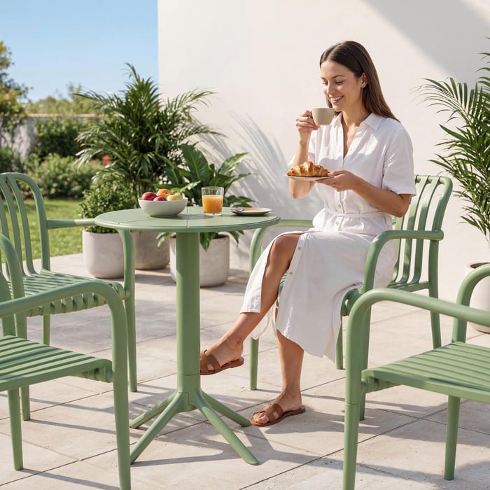 Stół ogrodowy okrągły Dego zielony łączy nowoczesny wygląd z funkcjonalnością