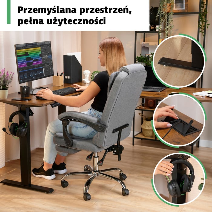 Blat biurka Trani wykonano z solidnej płyty wiórowej, która tworzy trwałą powierzchnię do codziennej pracy.