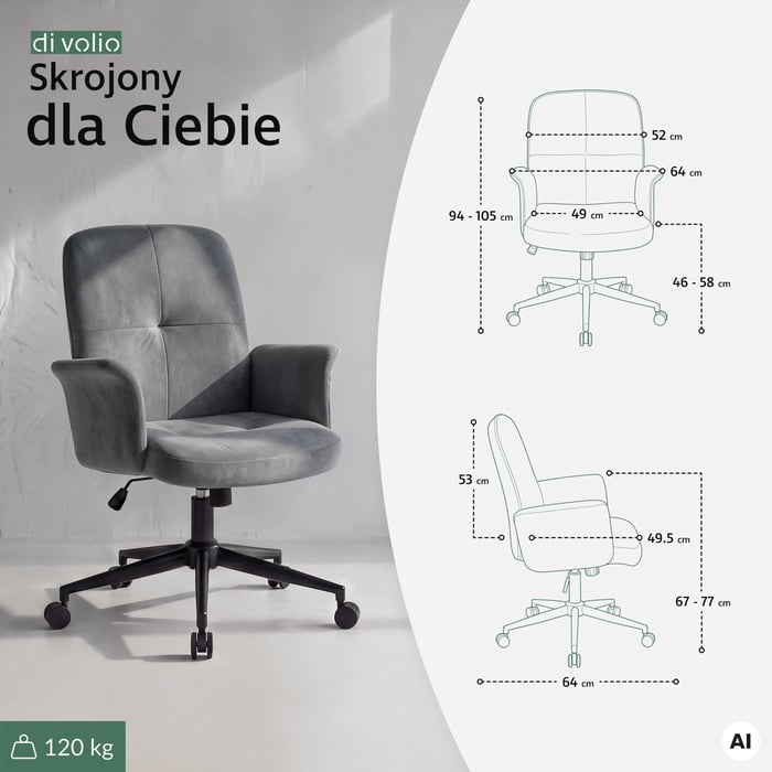 Fotel biurowy Parmo DV-127OC szary z regulacją wysokości siedziska.