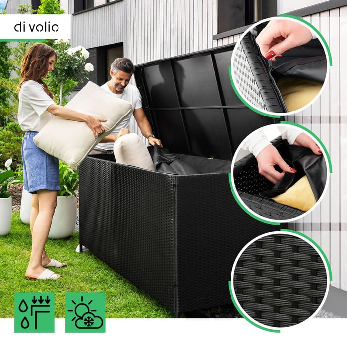 Jednym z wyróżniających się elementów skrzyni ogrodowej Belia jest praktyczny, wodoodporny pokrowiec