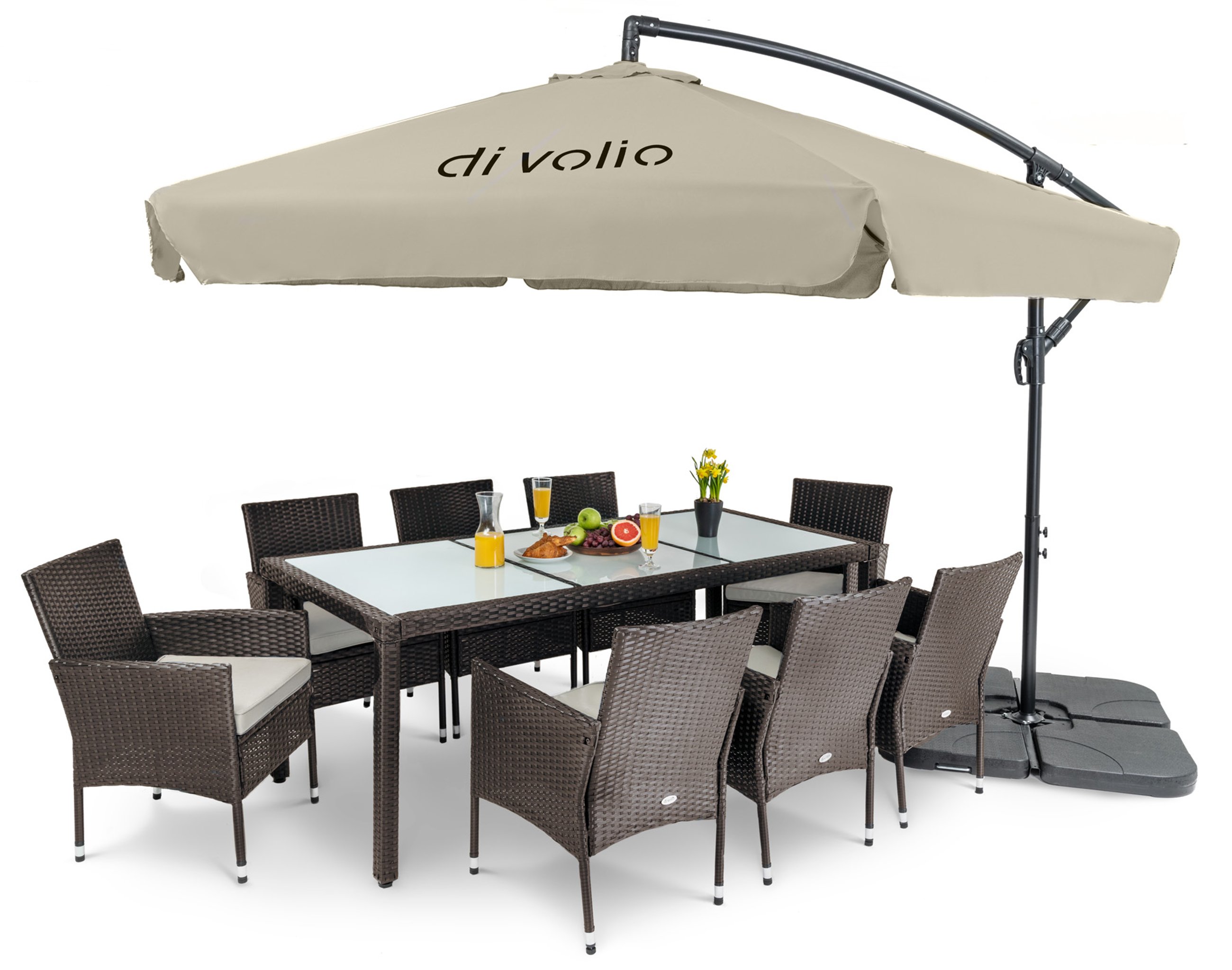 parasol ogrodowy Empoli beżowy rozłożony nad kompletem mebli marki di volio