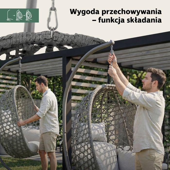 Fotel wiszący bujany Somi szary jest składany, dzięki czemu łatwo go przenosić i przechowywać