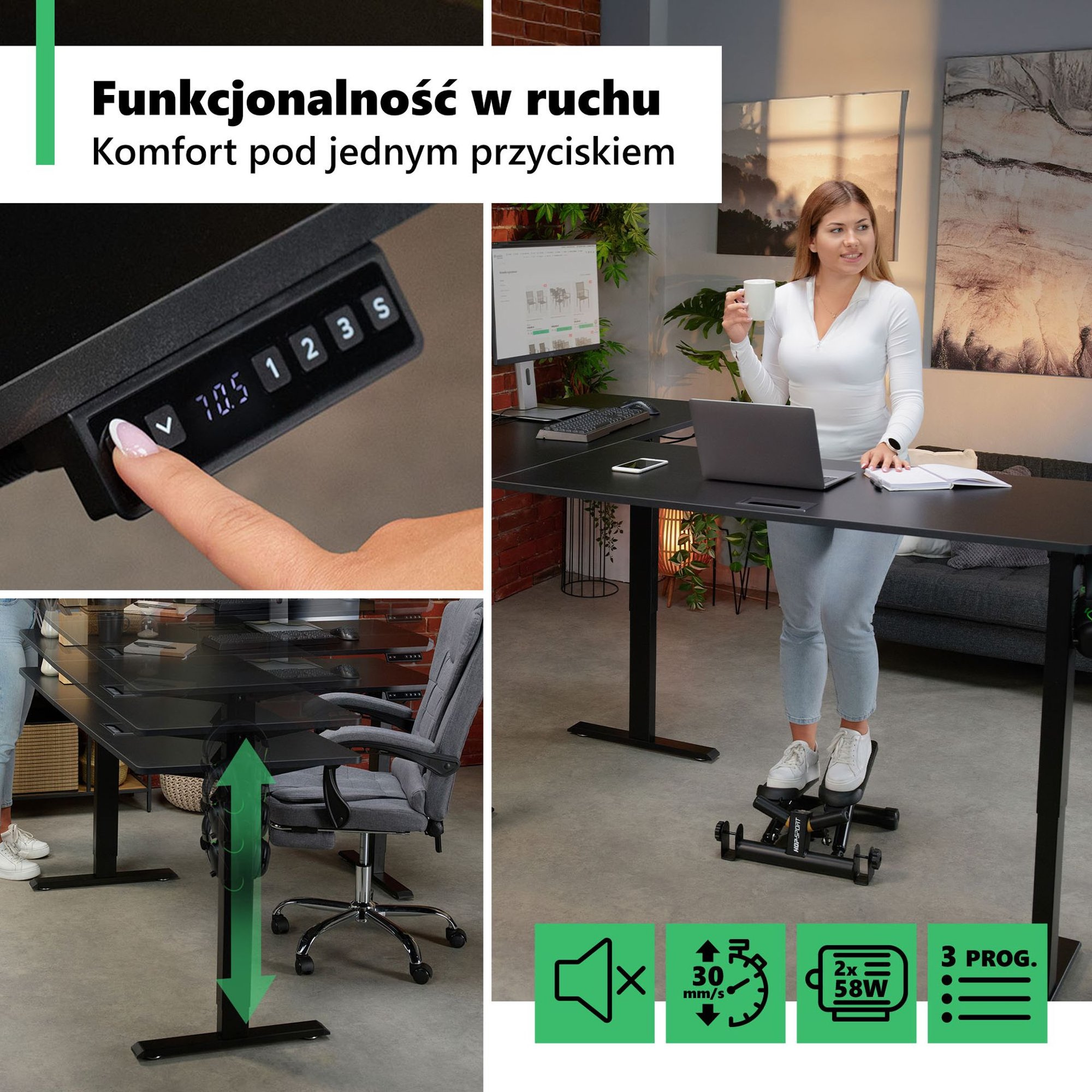 Biurko narożne Trani wyposażone zostało w elektryczny panel sterowania z intuicyjnymi przyciskami