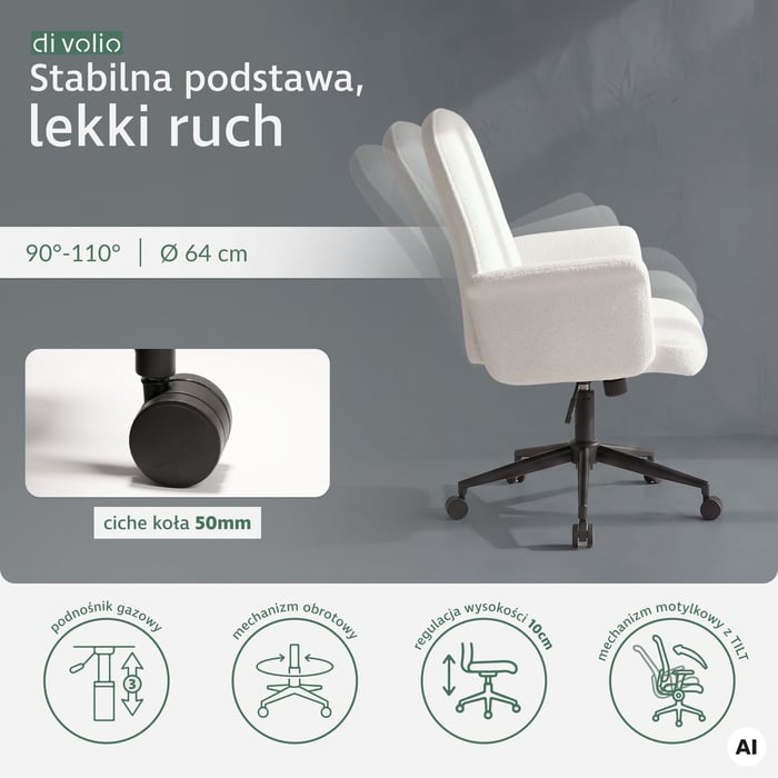 Fotel biurowy materiałowy Parmo kremowy stoi na metalowej podstawie w eleganckim, matowym wykończeniu