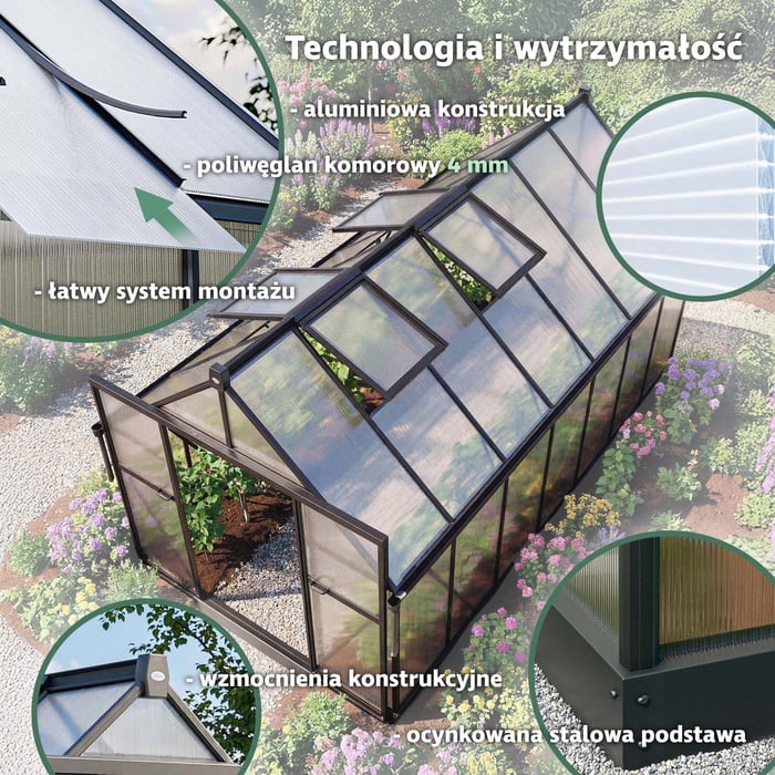 Tunel ogrodowy z poliwęglanu DV-157GG stoi na lekkim, ale wytrzymałym stelażu aluminiowym