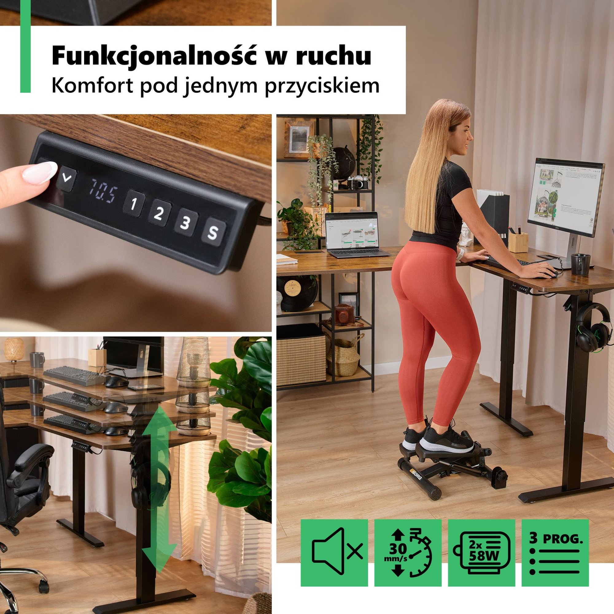 Biurko narożne Trani wyposażone zostało w elektryczny panel sterowania z intuicyjnymi przyciskami