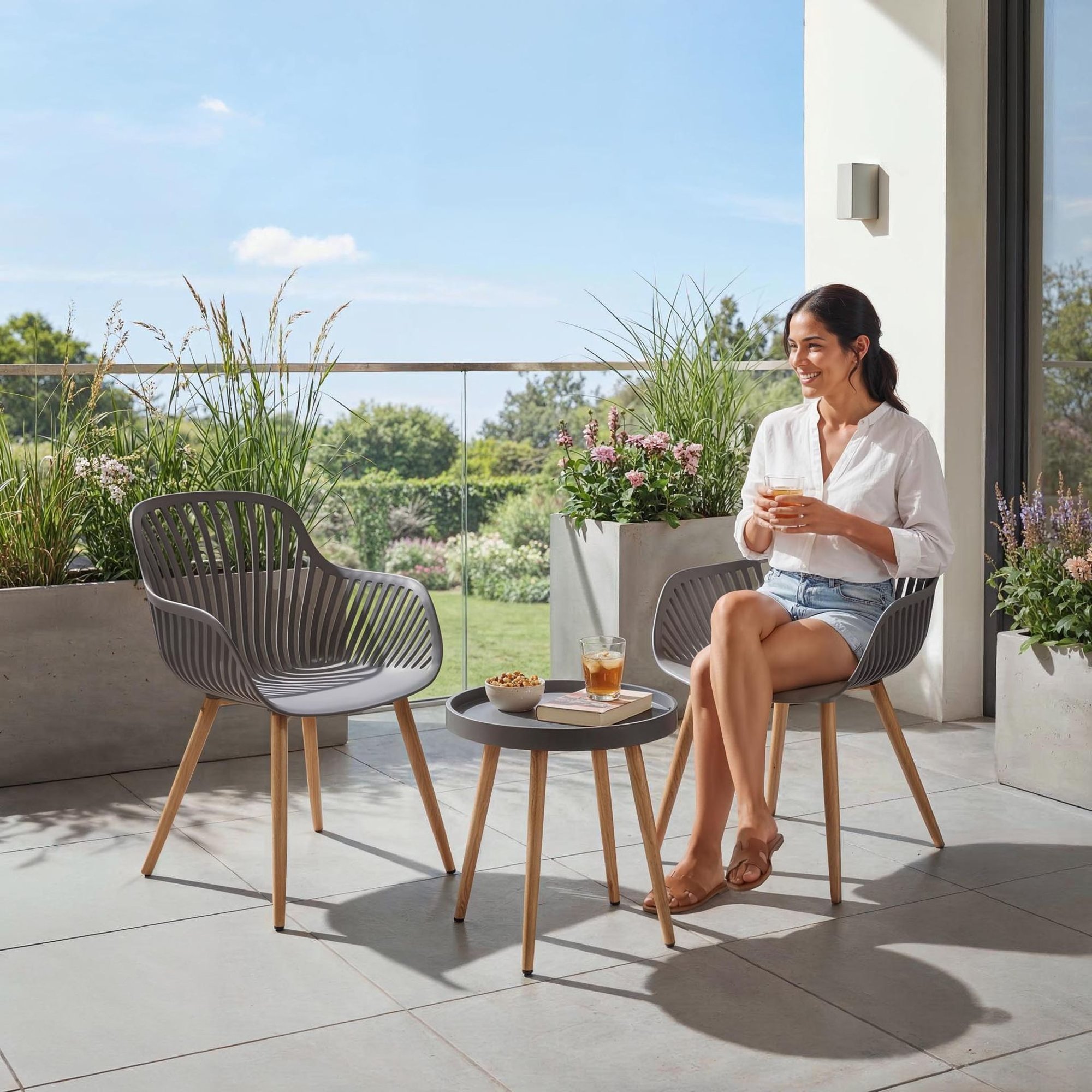 Szary komplet mebli ogrodowych Piena to perfekcyjne połączenie nowoczesności z ciepłą strukturą drewna