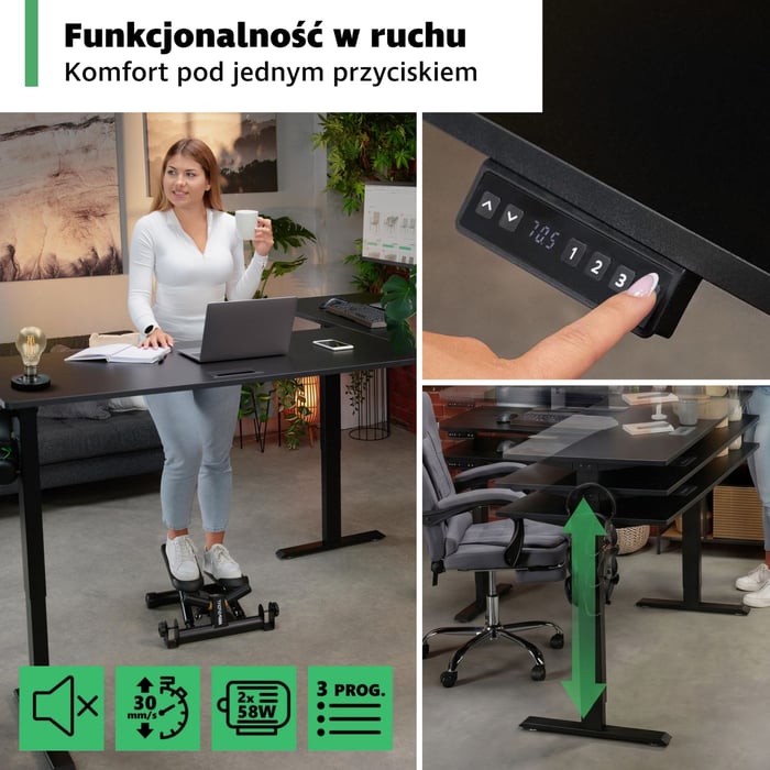 Biurko narożne Trani wyposażono w wygodny, elektryczny panel sterowania, dzięki któremu zmiana wysokości jest szybka i intuicyjna