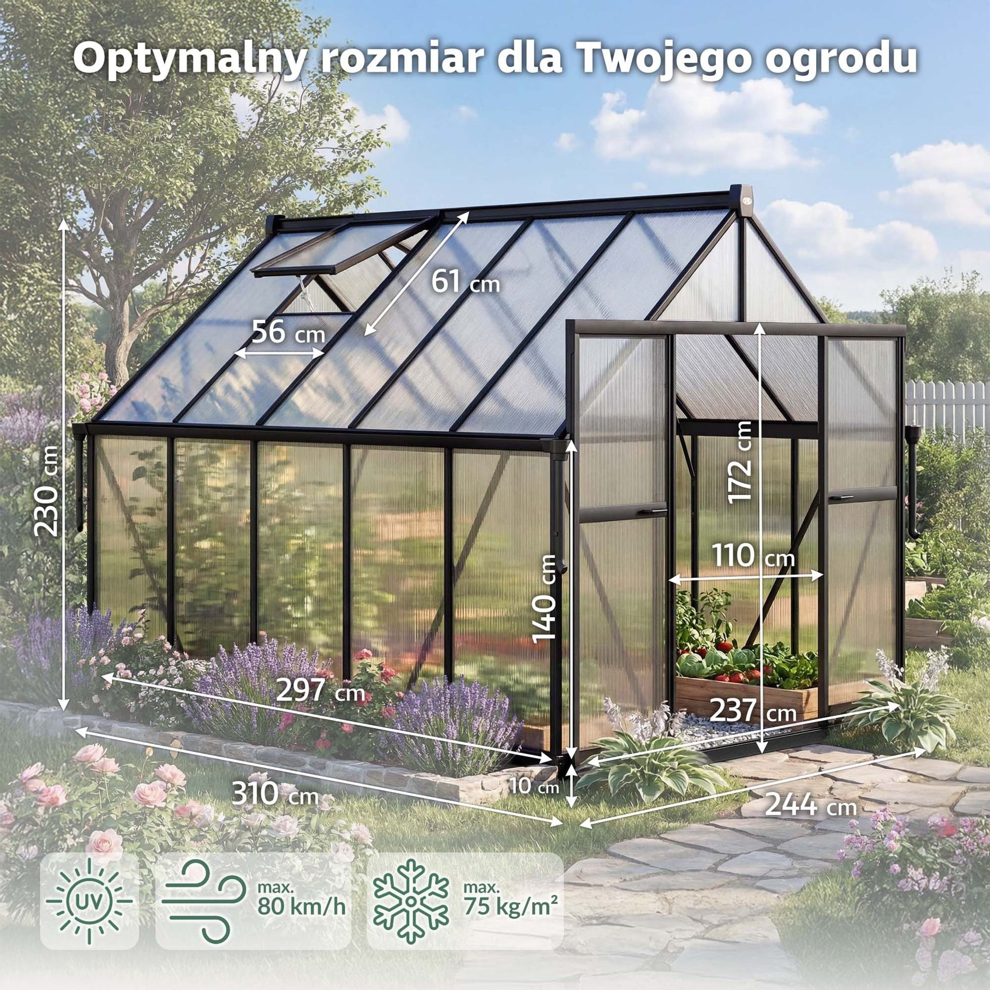 Szklarnia DV-156GG o wymiarach 310 × 244 × 230 cm daje dużo miejsca na uprawy