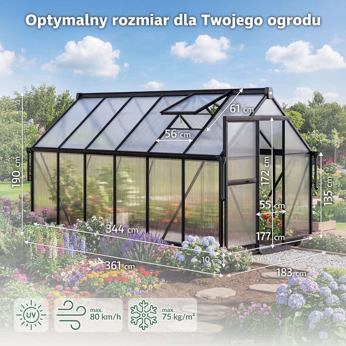 Szklarnia ogrodowa 361 × 183 × 190 cm daje dużo miejsca na różnorodne uprawy