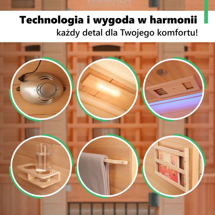 Sauna infrared Loimaa IV wyróżnia się wszechstronnym wyposażeniem