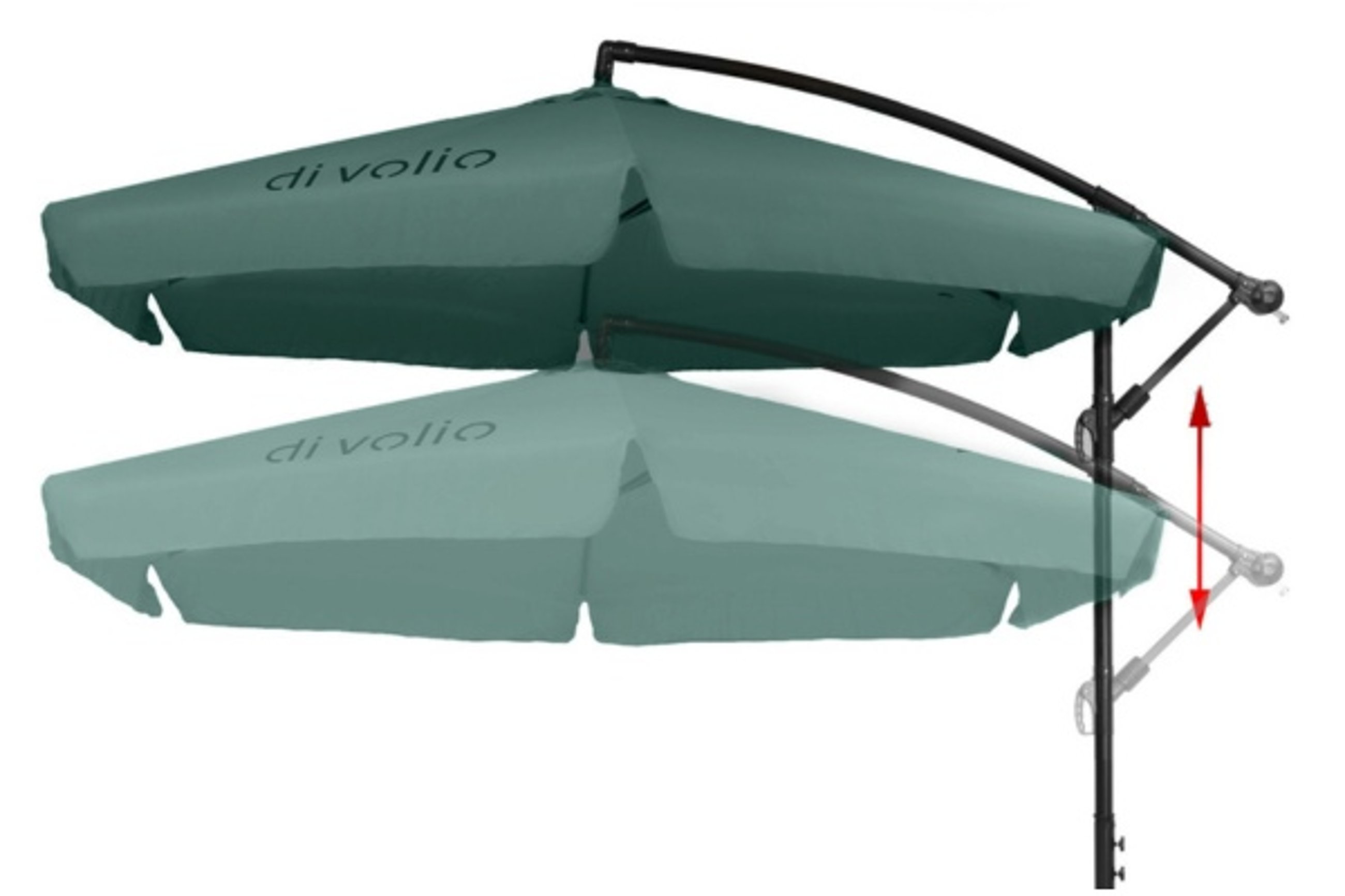 Parasol ogrodowy Empoli zielony został wyposażony w praktyczne funkcje, ułatwiające jego codzienne użytkowanie.regulacja parasola ogrodowego Empoli zielony
