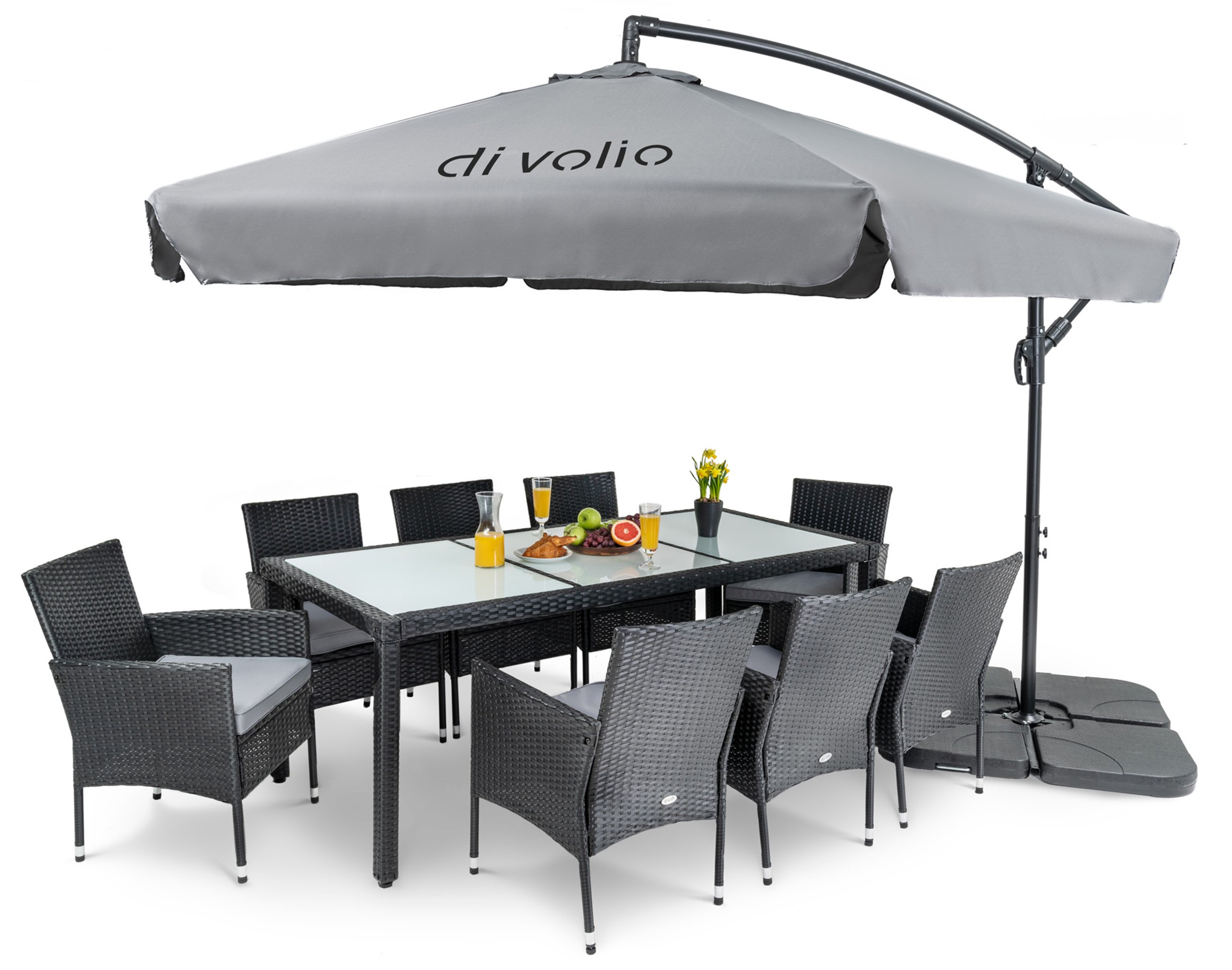 parasol ogrodowy Empoli szary rozłożony nad kompletem mebli marki di volio