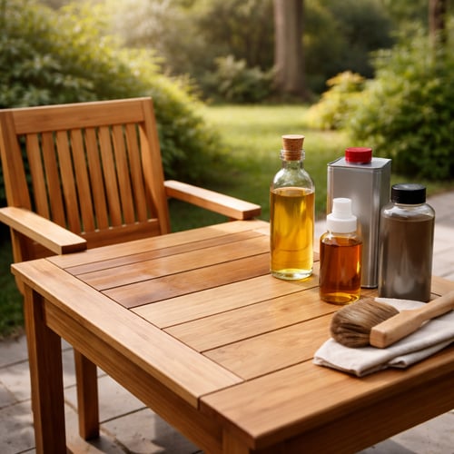 Zestaw drewnianych mebli na tarasie przygotowany do renowacji. Na blacie stołu stoją butelki i puszki z preparatami do konserwacji oraz szczotka czyszcząca. Zdjęcie ilustruje kompleksowe olejowanie mebli ogrodowych w słoneczny dzień w otoczeniu zieleni.