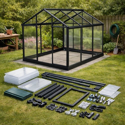 Nowoczesna szklarnia o czarnej konstrukcji postawiona na płytach chodnikowych, przed którą na trawie ułożono posegregowane elementy montażowe: profile, szyby i śruby. Widok ten pomaga ocenić, jaka szklarnia najlepsza jest pod kątem łatwości samodzielnego montażu i stabilności konstrukcji.