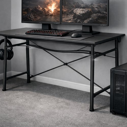 Minimalistyczne biurko gamingowe do 500 zł z czarnym blatem i metalowym stelażem, wyposażone w dwa monitory z dynamiczną grafiką, klawiaturę z czerwonym podświetleniem i myszkę. Obok biurka zawieszone słuchawki i widoczna obudowa komputera gamingowego.