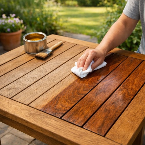 Zbliżenie na olejowanie mebli ogrodowych wykonanych z jasnego drewna. Ręka owinięta białą ściereczką wciera ciemniejszy olej w deski blatu, wydobywając ich głęboki kolor i strukturę słojów. Obok stoi puszka preparatu oraz pędzel.