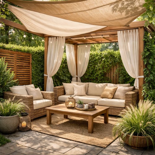 Stylowy ogród wiejski z pergolą, jasnymi zasłonami i wygodną sofą, wśród bujnej roślinności i dekoracyjnego oświetlenia.