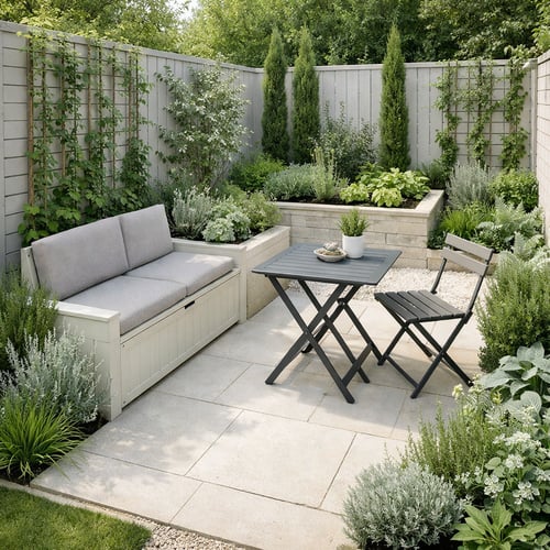 Nowoczesne strefy w ogrodzie wydzielone na małej przestrzeni. Na jasnym, płytkowym tarasie znajduje się kącik jadalniany z czarnym stolikiem oraz wygodna biała ława z szarymi poduszkami. Całość otaczają murowane donice z ziołami i ozdobnymi krzewami, tworząc przytulną enklawę.