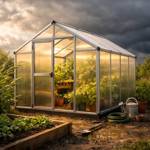 Aluminiowa szklarnia ogrodowa wypełniona bujnymi pomidorami i sadzonkami w doniczkach, oświetlona ciepłym blaskiem słońca na tle burzowego nieba. Zdjęcie inspirujące do odpowiedzi na pytanie, jaka szklarnia najlepsza będzie do uprawy warzyw w przydomowym ogrodzie.