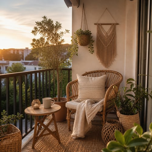 Przytulny balkon w stylu boho o zachodzie słońca, z rattanowym fotelem, drewnianym stolikiem, roślinami i dekoracją makramy na ścianie.