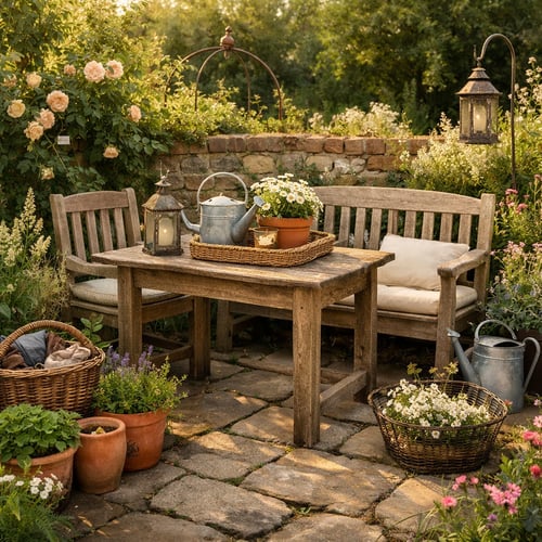 Rustykalny ogród wiejski z drewnianym stołem i ławkami, otoczony kwiatami, donicami i lampionami w ciepłym świetle słonecznym.