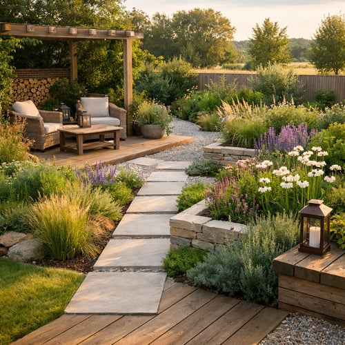 Zadbany ogród wiejski z kamienną ścieżką, rabatami kwiatów i drewnianą altaną, tworzący naturalną i sielską przestrzeń do wypoczynku.