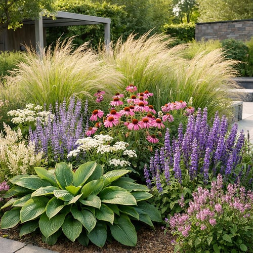 Kwiatowa rabata w stylu nowoczesnego ogrodu z trawami, z połączeniem miskantów i kolorowych bylin, takich jak jeżówki, szałwie i funkie.