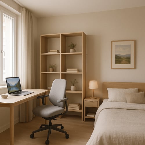 Jasne, przytulne domowe biuro urządzone w sypialni, z biurkiem przy oknie, ergonomicznym krzesłem i regałem z książkami – inspiracja jak urządzić domowe biuro w małym mieszkaniu
