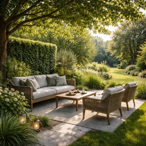 Przytulny ogród wiejski z drewnianymi meblami ogrodowymi pod drzewem, otoczony zielenią i kwiatami, idealny do relaksu na świeżym powietrzu.