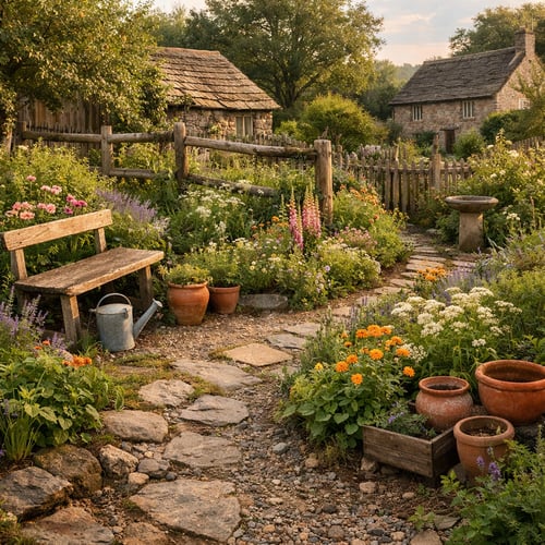 Malowniczy ogród rustykalny z kamienną ścieżką prowadzącą między kępami kolorowych kwiatów, takich jak cynie i naparstnice. Po lewej stoi drewniana ławka i metalowa konewka, a w tle widać stare kamienne domy z krytymi gontem dachami i drewniany płot, co tworzy sielską atmosferę wiejskiej posiadłości.
