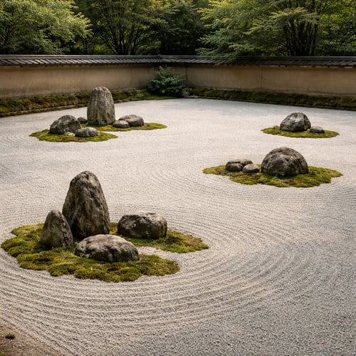 Minimalistyczny japoński ogród skalny typu zen. Duże, surowe głazy są rozmieszczone na jasnym żwirze, który został starannie zagrabiony w koncentryczne wzory przypominające fale wody. Podstawy kamieni porasta zielony mech, a całość otacza niski mur i ściana drzew w tle.