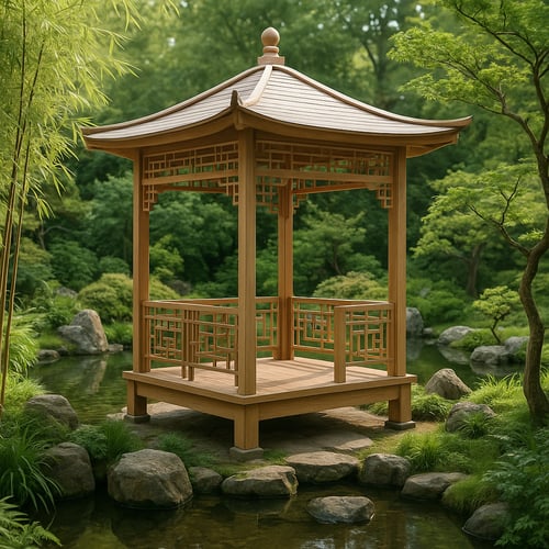 Drewniany pawilon z ażurowymi balustradami stojący pośród bujnej zieleni i skał, otoczony wodą w klasycznym ogrodzie chińskim.