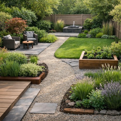 Różnorodne strefy w ogrodzie połączone żwirową ścieżką. Widoczna strefa relaksu z fotelami technorattanowymi, część uprawna z drewnianymi podwyższonymi grządkami oraz strefa wodna z małą fontanną w tle. Przemyślany układ roślinności oddziela trawnik od tarasu.