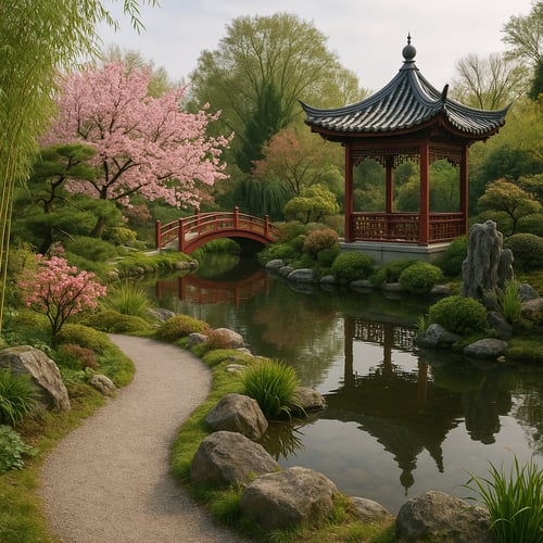 Ścieżka wśród skał i kwitnących drzew wiśni prowadząca do czerwonego mostu i tradycyjnego pawilonu w ogrodzie chińskim z malowniczym stawem i odbiciem roślinności w wodzie.