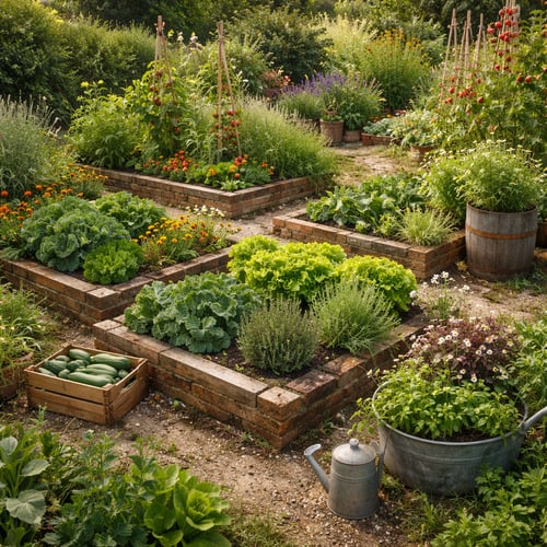 Użytkowy ogród rustykalny z podwyższonymi grządkami zbudowanymi z cegły i starego drewna. Wewnątrz rosną bujne sałaty, zioła oraz pomidory na tyczkach. Na ziemi stoi ocynkowana konewka, balia z kwiatami oraz drewniana skrzynka pełna zbiorów, podkreślając funkcjonalny i naturalny charakter aranżacji.