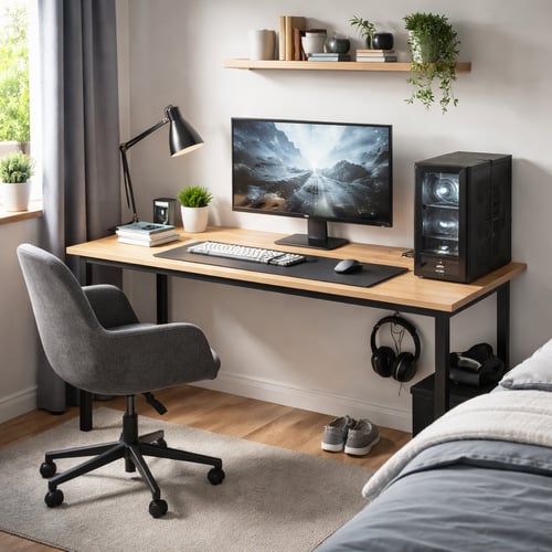 Nowoczesne stanowisko gamingowe w przytulnym pokoju z jasnym, drewnianym biurkiem gamingowym do 500 zł, wyposażonym w monitor, komputer stacjonarny z podświetleniem RGB, klawiaturę, myszkę i wygodne krzesło biurowe. Na blacie rośliny doniczkowe i lampa, całość ustawiona przy oknie z widokiem na zieleń.