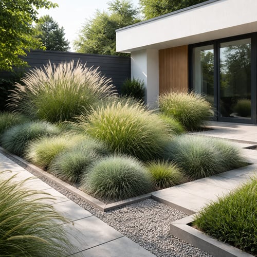 Nowoczesny ogród z trawami przy minimalistycznym domu, z kompozycją ozdobnych traw w geometrycznych rabatach i kamienną ścieżką.