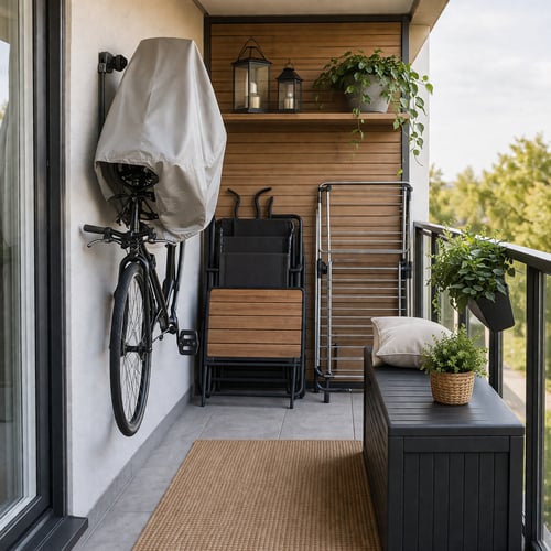 Mały balkon z praktycznym przechowywaniem na balkonie – skrzynia, składane meble i rower zawieszony na ścianie.