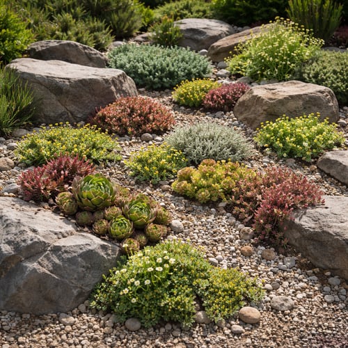 Nowoczesny i gęsto obsadzony ogród skalny z różnorodną roślinnością. Pomiędzy dużymi, szarymi kamieniami rosną barwne sukulenty, rojnikowate oraz niskie kępy kwiatów w odcieniach żółci i czerwieni. Podłoże wysypane jest drobnym, naturalnym żwirem, tworząc estetyczną kompozycję ogrodową.