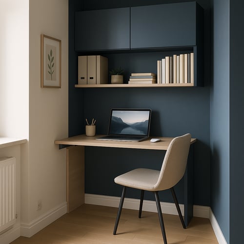 Nowoczesne domowe biuro w wąskim wnękowym kąciku z granatową ścianą, drewnianym biurkiem, półkami i laptopem – przykład jak urządzić domowe biuro w małej przestrzeni