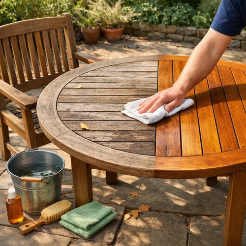 Porównanie efektu przed i po renowacji okrągłego stołu. Lewa strona blatu jest poszarzała i wysuszona, natomiast prawa lśni świeżym, ciepłym kolorem drewna. Proces pokazuje, jak zabezpieczyć meble ogrodowe przed wiatrem i słońcem za pomocą pielęgnacji olejem. Obok stołu widoczne wiadro z wodą, szczotka i preparat.