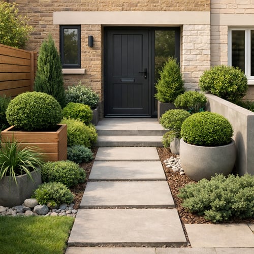 Piękny mały ogród przed domem z zadbanymi krzewami, kulistymi bukszpanami i nowoczesną ścieżką z płyt betonowych prowadzącą do drzwi wejściowych.